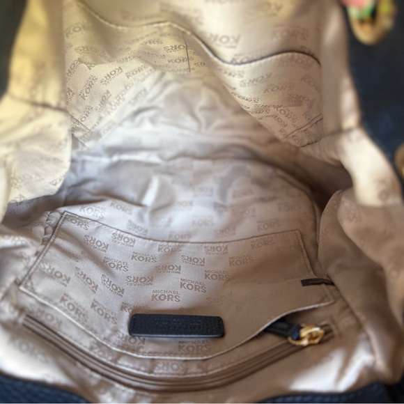 Michael Kors Navy Blue and Gold Studded Riley Backpack Pebbled Leather